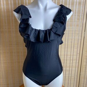 JC Crew Woman’s 8 Black Ruffle Scoopback One Piece Swimsuit NWT